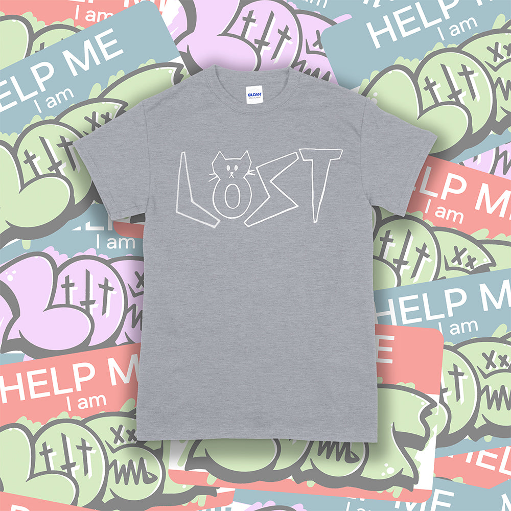 Charlottes Black Cat Letters. Hand drawn design of cat shaped letters. Drawn by my daughter Charlotte, and printed with white ink on a gray cotton shirt. A collection of colorful graffiti stickers makes up the background.
