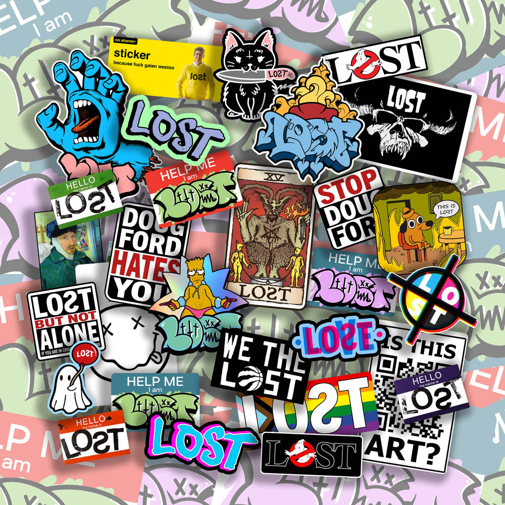 A large collection of colorful graffiti stickers spread out in front of a background of graffiti art. The graffiti slaps and stickers are of all different shapes, sizes and colors.