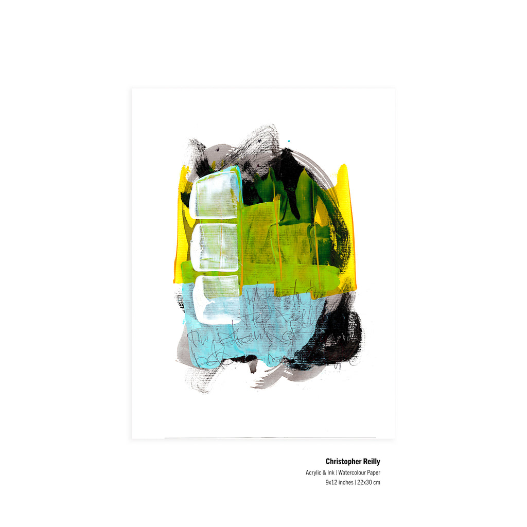 An original 9x12-inch abstract mixed-media painting titled Painting 239 by Christopher Reilly, featuring a split background of chartreuse green and sky blue, a vertical column of three white square blocks on the left, and dark charcoal ink sweeps with fine sgraffito text overlays, centered on white watercolor paper.