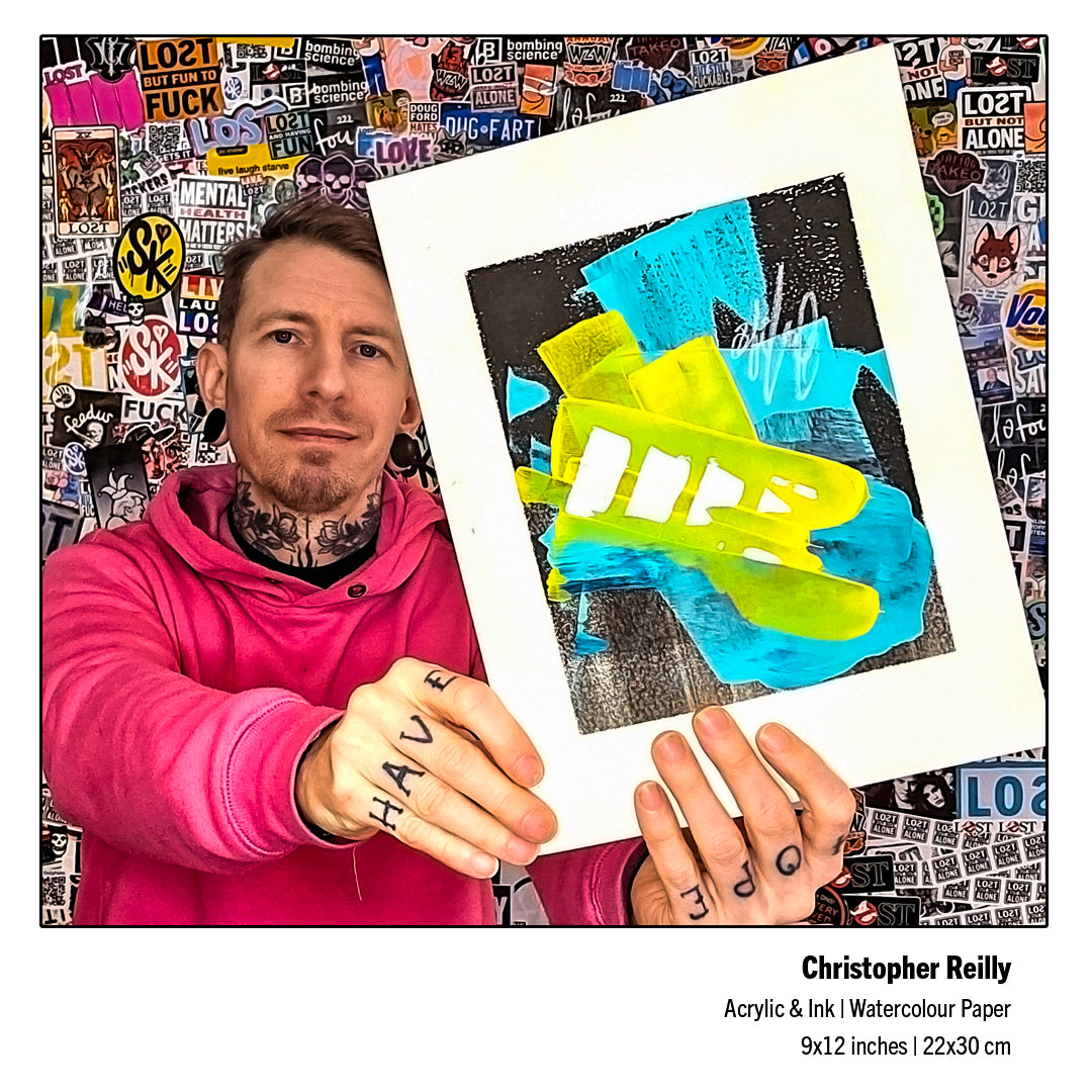 A 15-second product showcase video scrolling through the listing files for Painting 243 by Christopher Reilly. The video transitions from an unframed high-contrast shot of the blue and yellow abstract artwork to a beautifully styled mockup inside a modern black frame with a white mat board, closing with a close-up of the textured paper surface and a final view of the artist holding the physical piece.